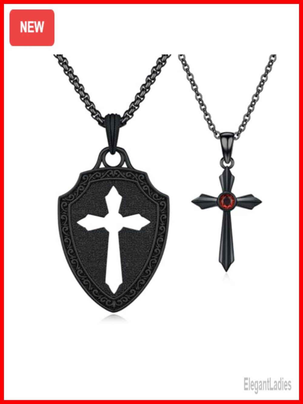 Gothic Shield Cross Pendant Necklace Set 2-Piece Stainless Steel